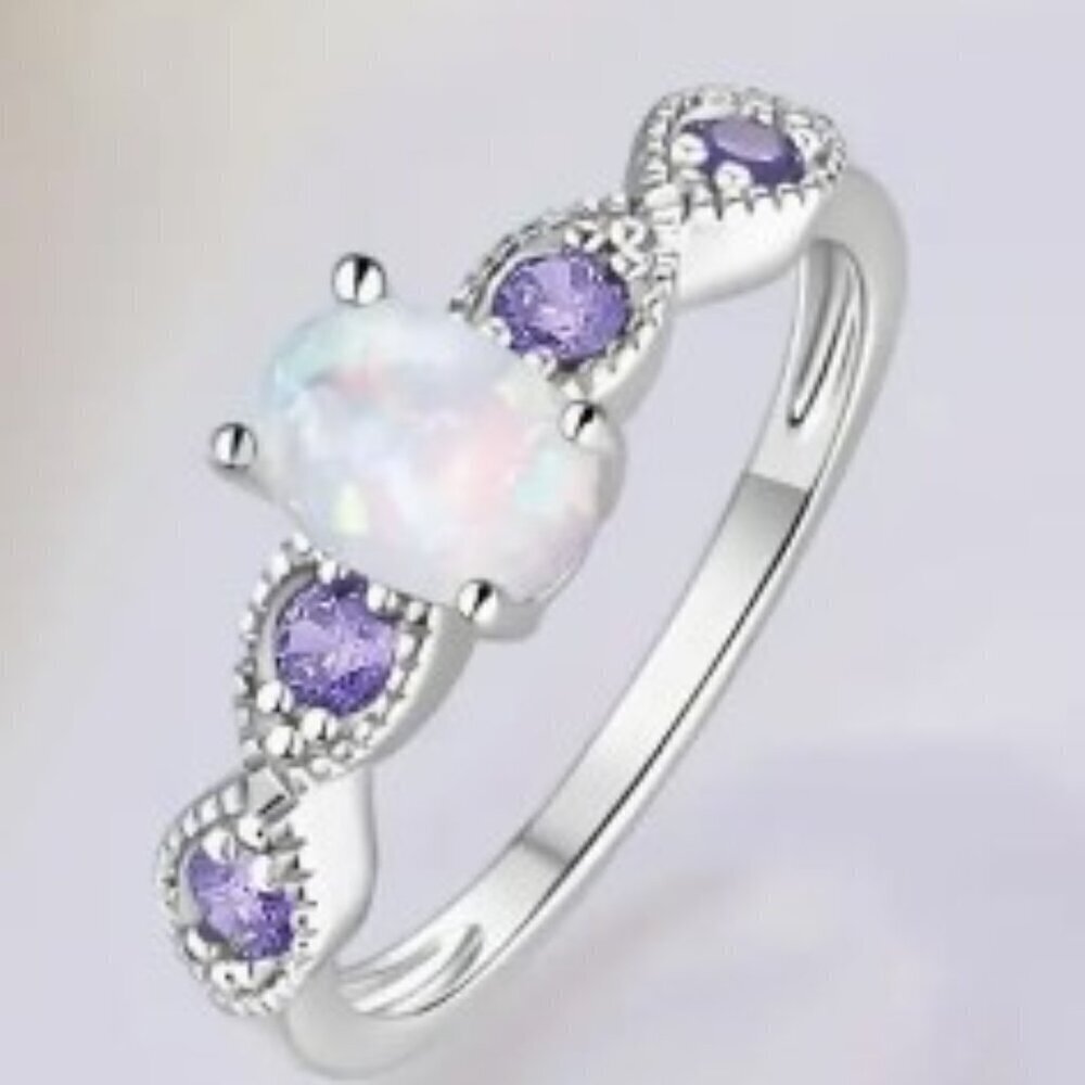 Luxurious Opal Ring 925 Sterling Silver Shimmering Purple Zirconia Accents